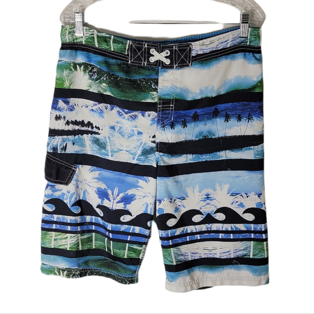 Cherokee boys swim trunks XL tropical beach print blue green board shorts